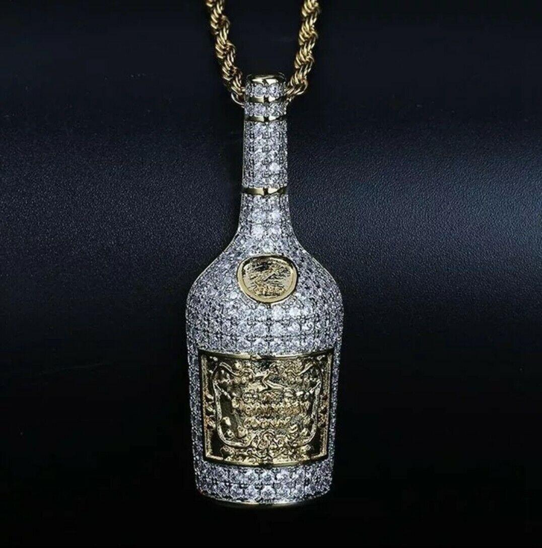 Iced Out Champagne Bottle Emoji Necklace Hip Hop CZ Jewelry Gold Pendant