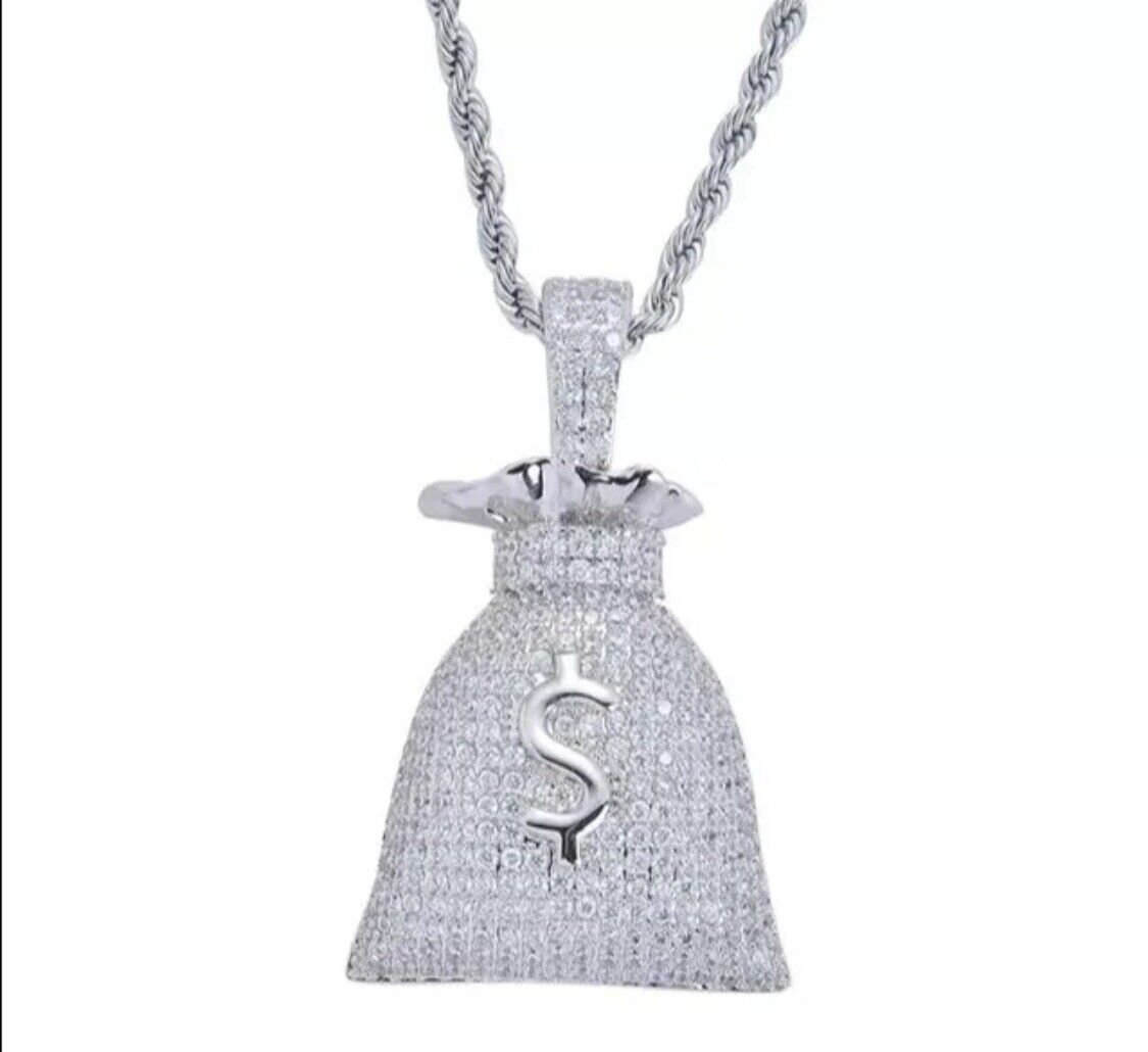 SILVER Dollar Sign Money Bag Necklace Jewelry & SILVER Pendant Rapper Chain