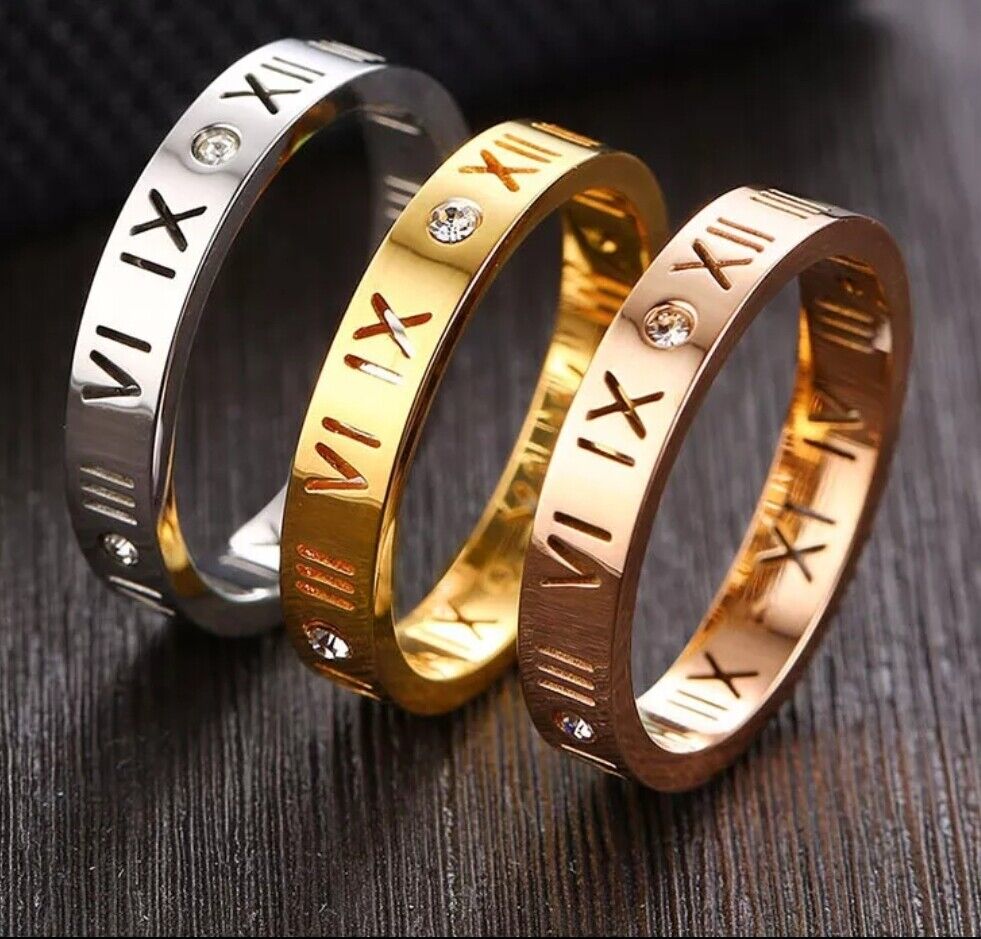 Womens Gold Silver Rhinestone Ring Hollow Roman Numerals Stacking Ring UK