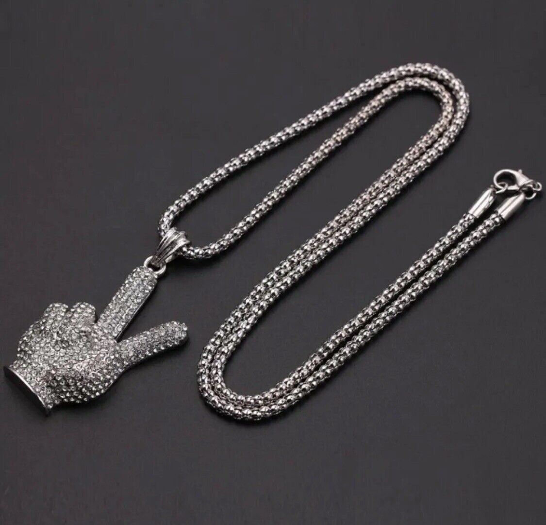 SILVER Iced Out Peace Middle Finger Hip Hop Necklace Jewellery  Chain Pendant