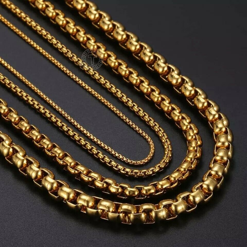 GENUINE  Stainless Steel Gold 5mm Round Box Chain 20 Inch Necklace