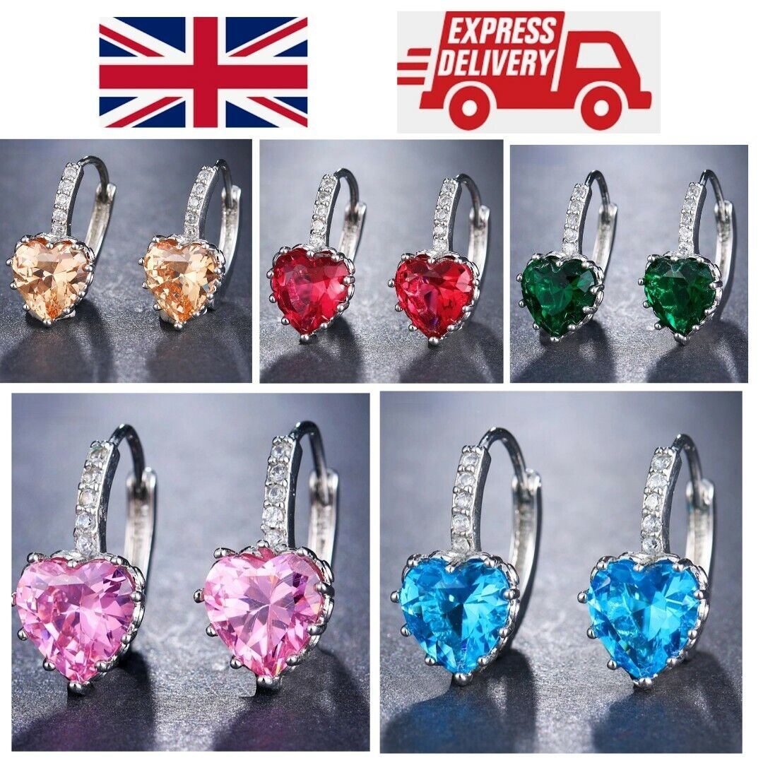 Women Earrings 14K Gold Plated Heart Shaped Cubic Zirconia CZ 925 Drop Earrings 