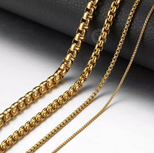 GENUINE  Stainless Steel Gold 5mm Round Box Chain 22 Inch Necklace