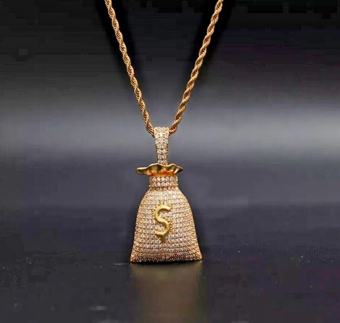 GOLD Dollar Sign Money Bag Necklace Jewelry & Gold Pendant Rapper Chain