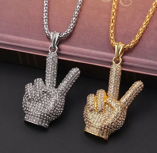 GOLD Iced Out Peace Middle Finger Hip Hop Necklace Jewellery  Chain Pendant