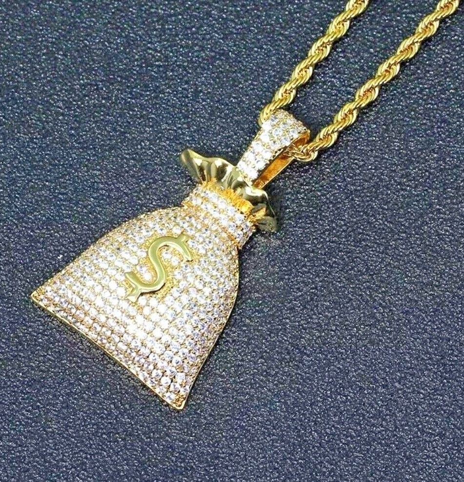 Dollar Sign Money Bag Necklace Jewelry Silver Gold Pendant Chain Rapper Chain