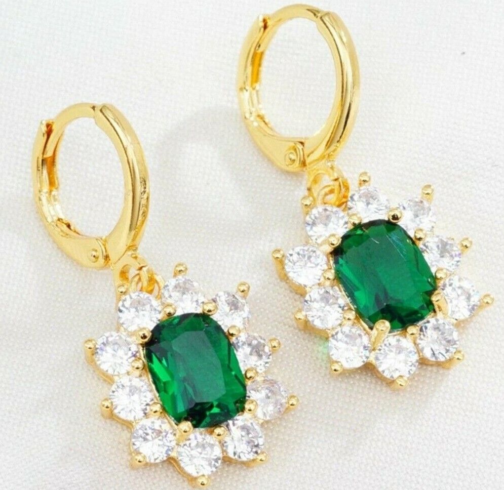 Emerald Ruby Gold Plated Oval Shaped Cubic Zirconia CZ 925 Drop Earrings Flower