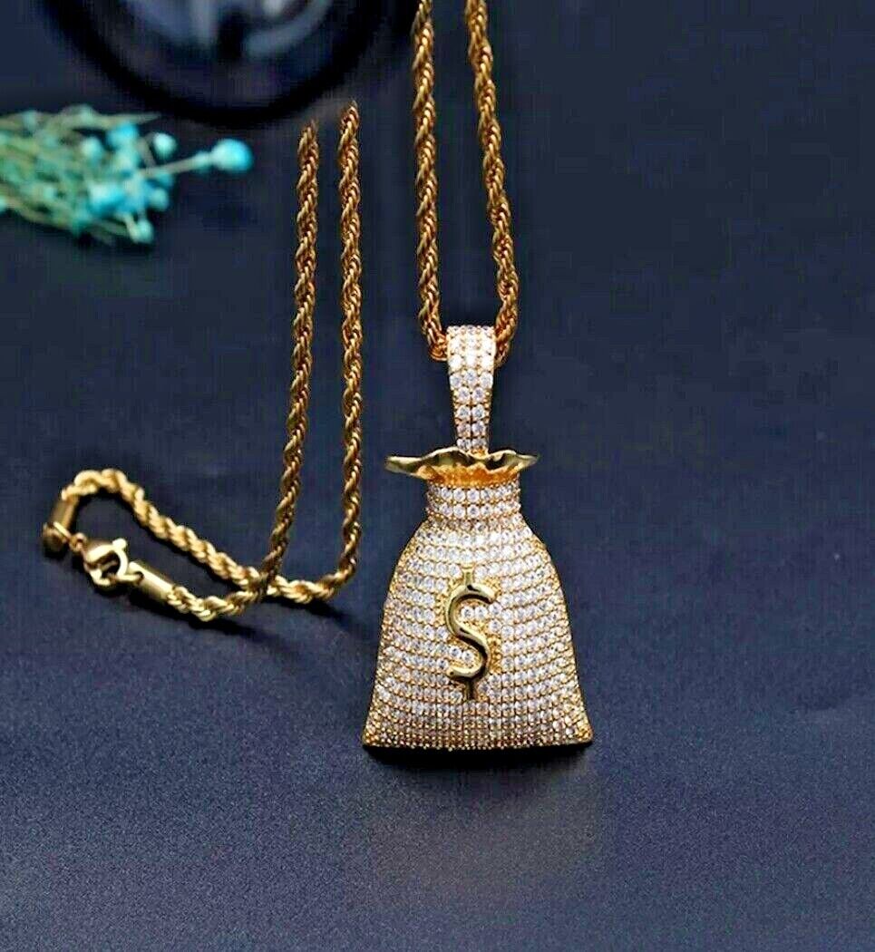 Dollar Sign Money Bag Necklace Jewelry Silver Gold Pendant Chain Rapper Chain