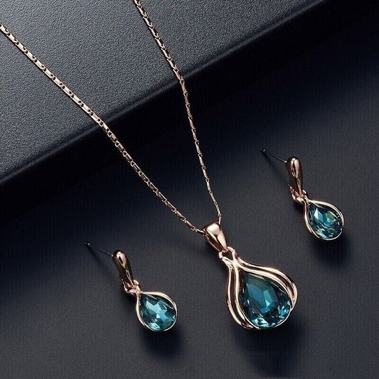 Gold Plated Blue Crystal Water Drop Necklace Drop Earrings Jewellery Set