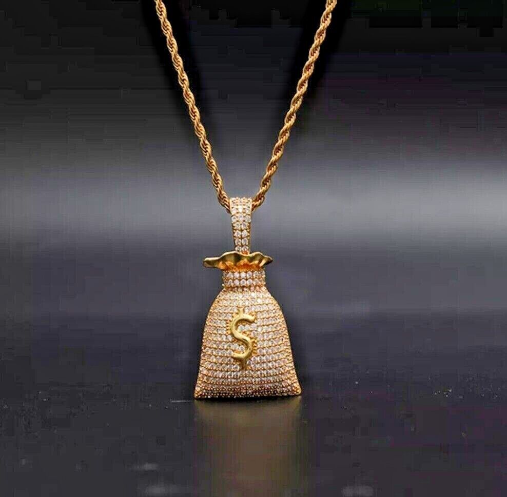 Dollar Sign Money Bag Necklace Jewelry Silver Gold Pendant Chain Rapper Chain