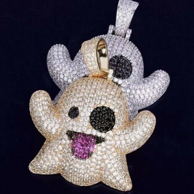 🇬🇧 Ghost Emoji Snapchat CZ  Hip Hop Pendant Chain Necklace Iced Out Jewellery 