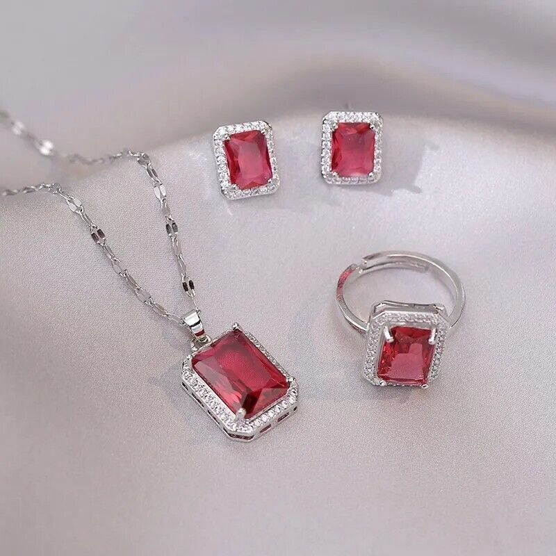 SilverCrystal Rhinestone Necklace Pendant Ring And Earrings Ruby  Set UK