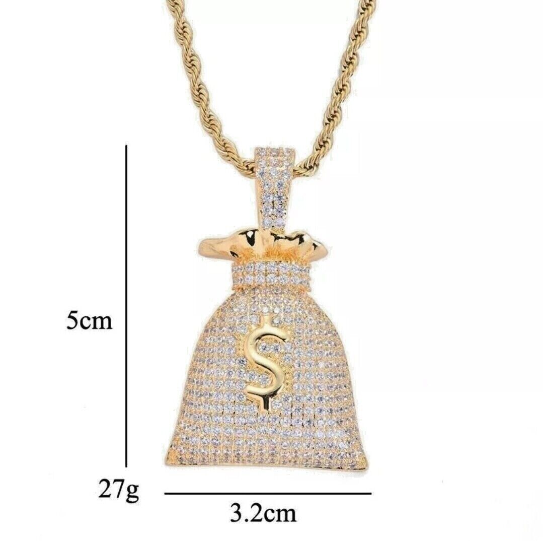 Dollar Sign Money Bag Necklace Jewelry Silver Gold Pendant Chain Rapper Chain