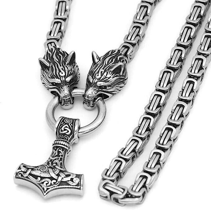 Stainless Steel  Pendant Necklace Norse Viking Wolf &Thor Hammer Mjolnir