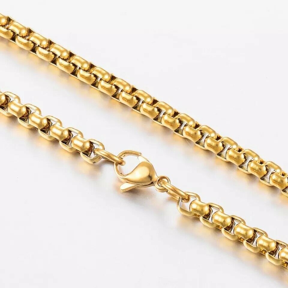 GENUINE  Stainless Steel Gold 5mm Round Box Chain 20 Inch Necklace