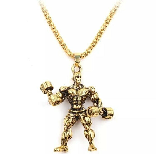 Men Silver Necklace Gothic Skull Weight lifting Gold Pendant Necklace Xmas Gift