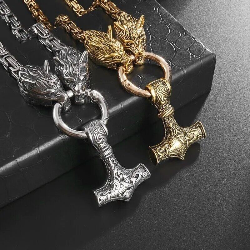 Stainless Steel  Pendant Necklace Norse Viking Wolf &Thor Hammer Mjolnir