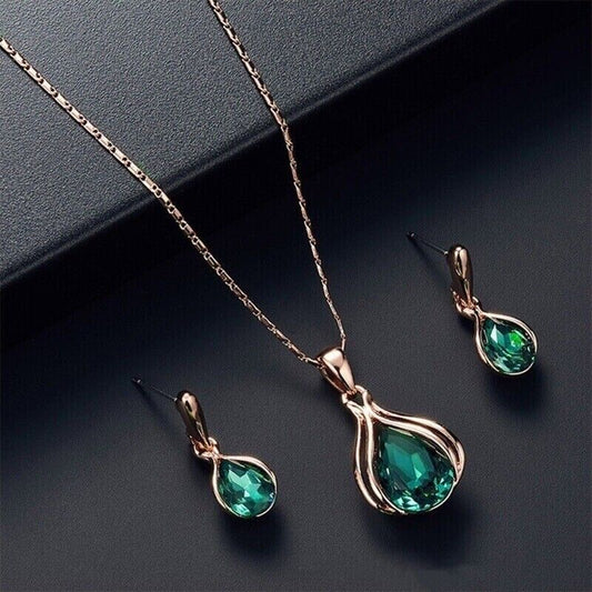 Gold Plated Emerald Green Crystal Water Drop Necklace  Earrings Jewellery Set