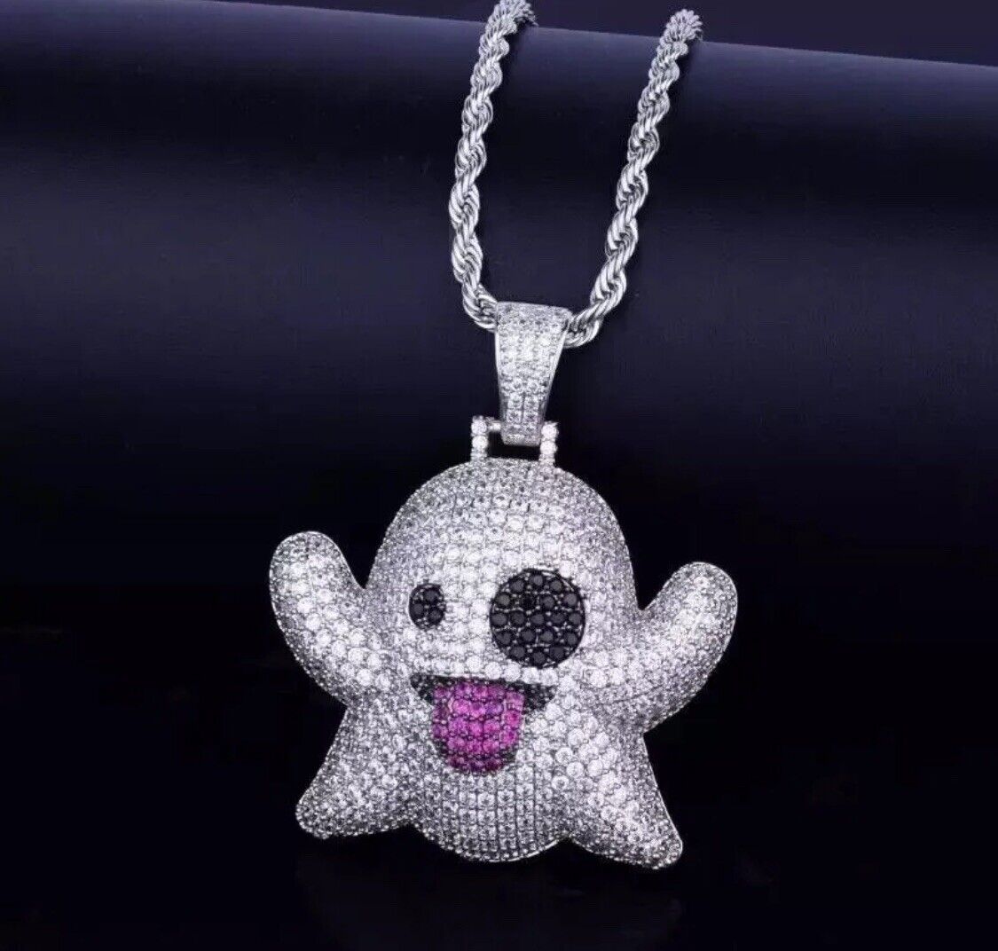 SILVER Necklace Snapchat Emoji Pendant & Chain Iced Out Bling Shine Jewellery