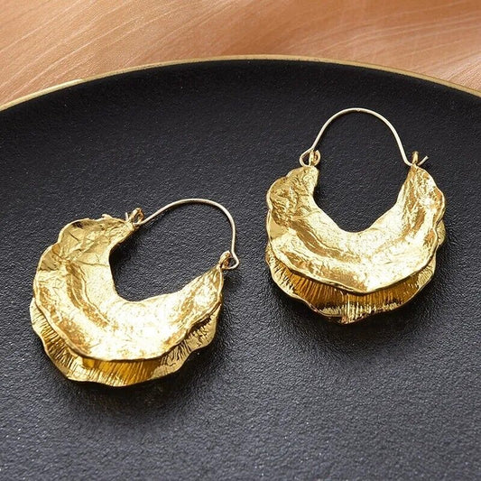 Zara Gold Asymmetrical Half Moon Hammered Textured Half Hoop Hook Earrings