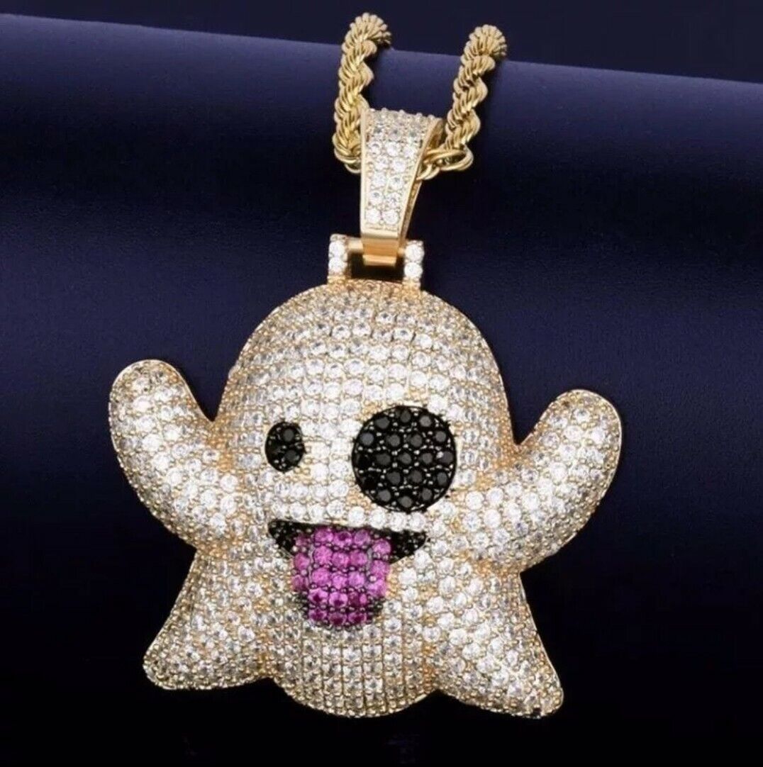 🇬🇧 Ghost Emoji Snapchat CZ  Hip Hop Pendant Chain Necklace Iced Out Jewellery 