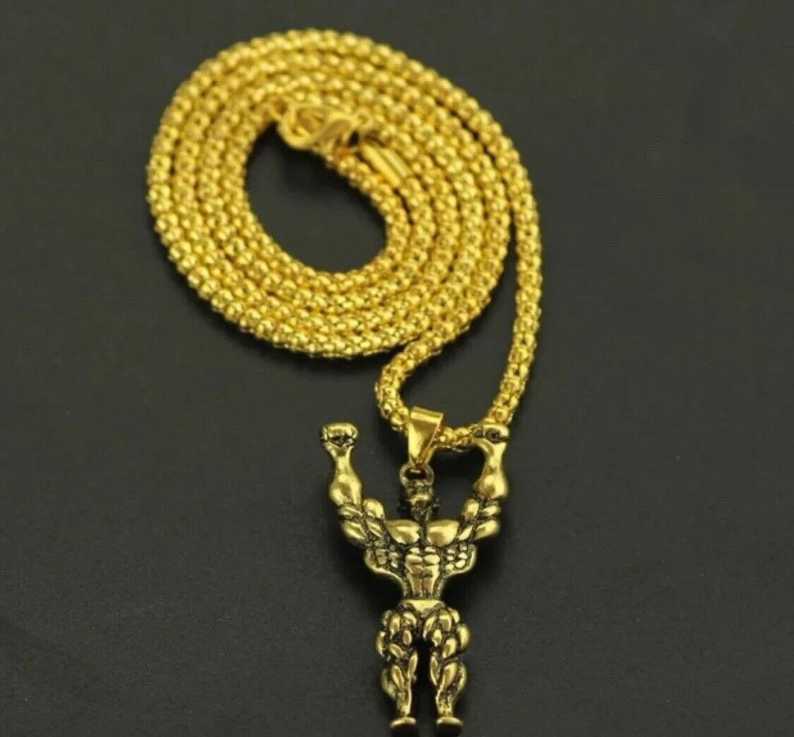 GOLD Necklace Gothic Skull  Bodybuilding Weight Gold Pendant Necklace