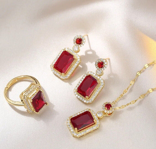 Beautiful Gold Crystal Rhinestone Necklace Pendant & Ring & Earrings Red Set