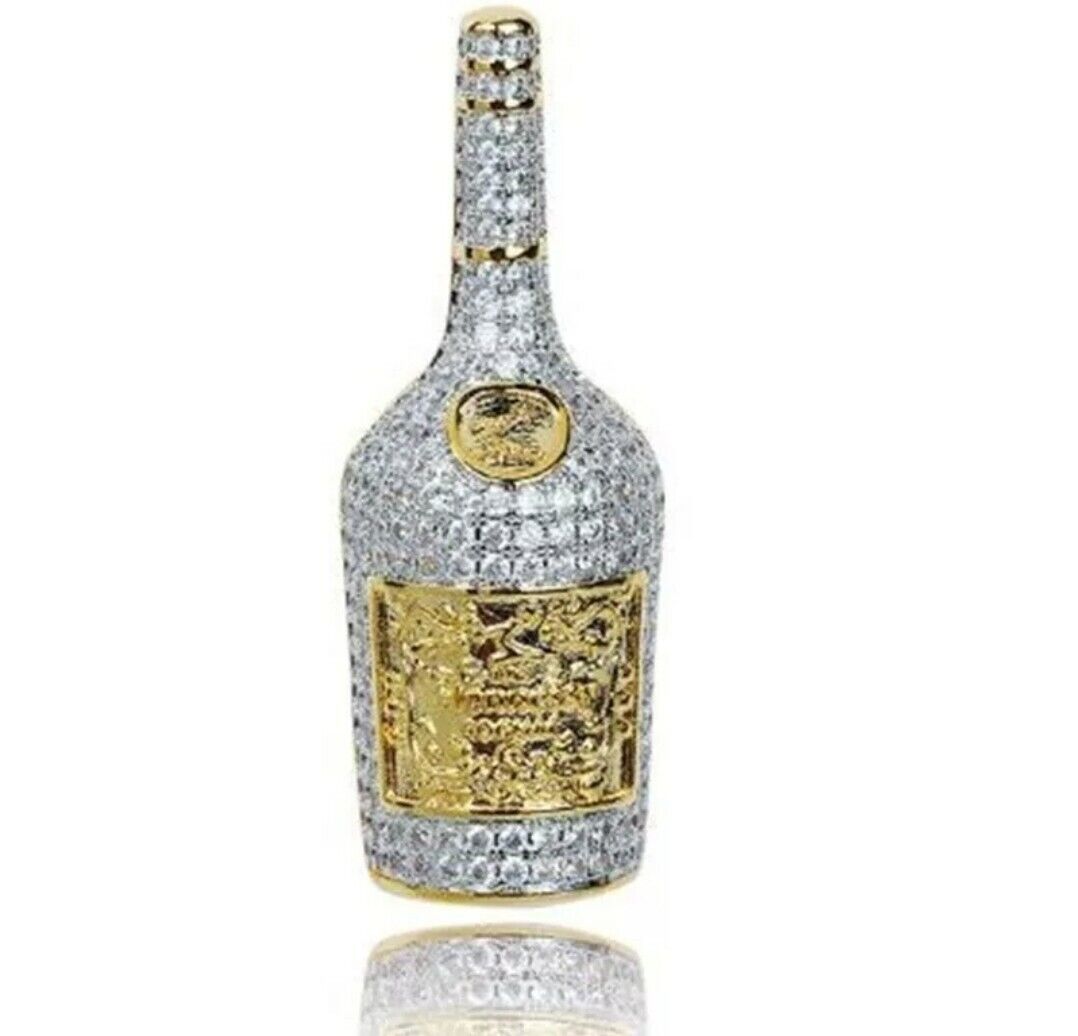 Iced Out Champagne Bottle Emoji Necklace Hip Hop CZ Jewelry Gold Pendant