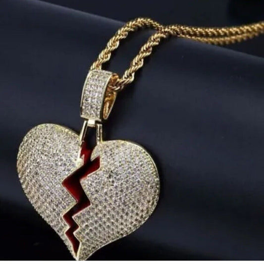 GOLD Iced Out Broken Heart Necklace Hip Hop Jewelry Gold Bling Pendant Unisex