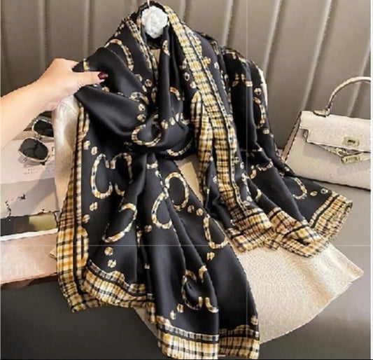 Gold & Black Printed Shawl Scarf Satin Silk Multicolour Printed Head Neck Scarve