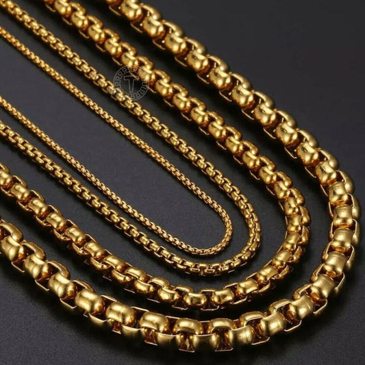 GENUINE  Stainless Steel Gold 5mm Round Box Chain 22 Inch Necklace