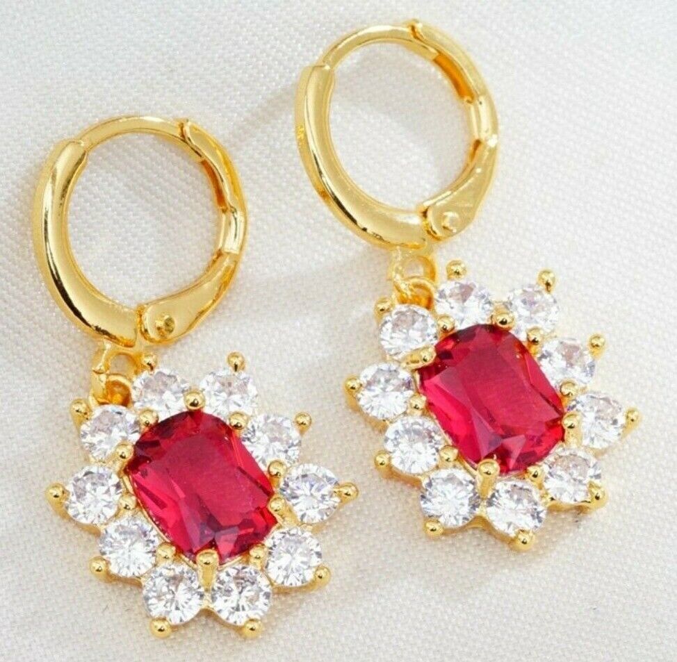 Emerald Ruby Gold Plated Oval Shaped Cubic Zirconia CZ 925 Drop Earrings Flower