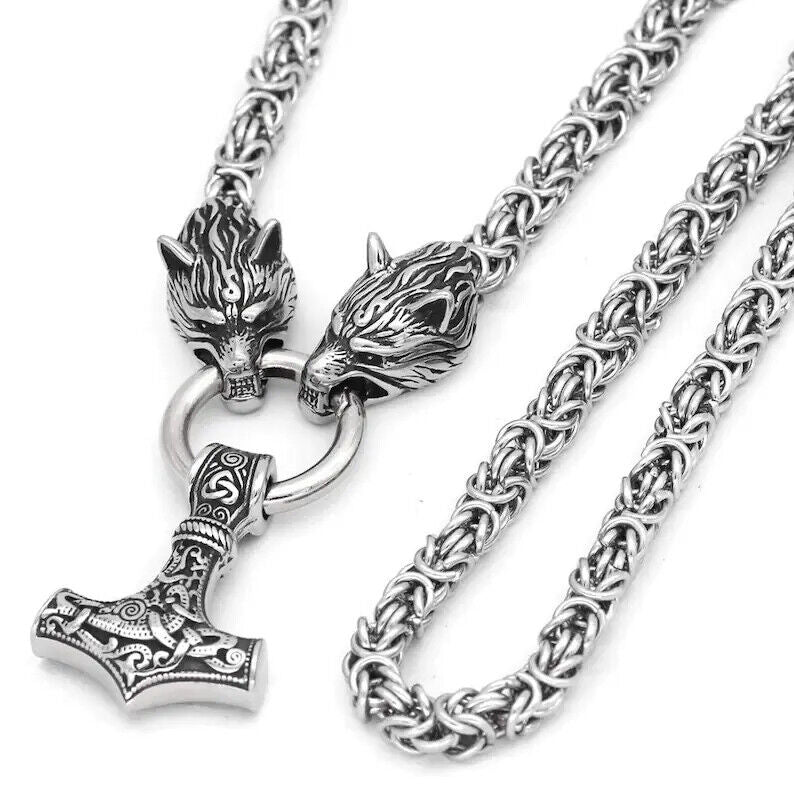 Stainless Steel  Pendant Necklace Norse Viking Wolf &Thor Hammer Mjolnir