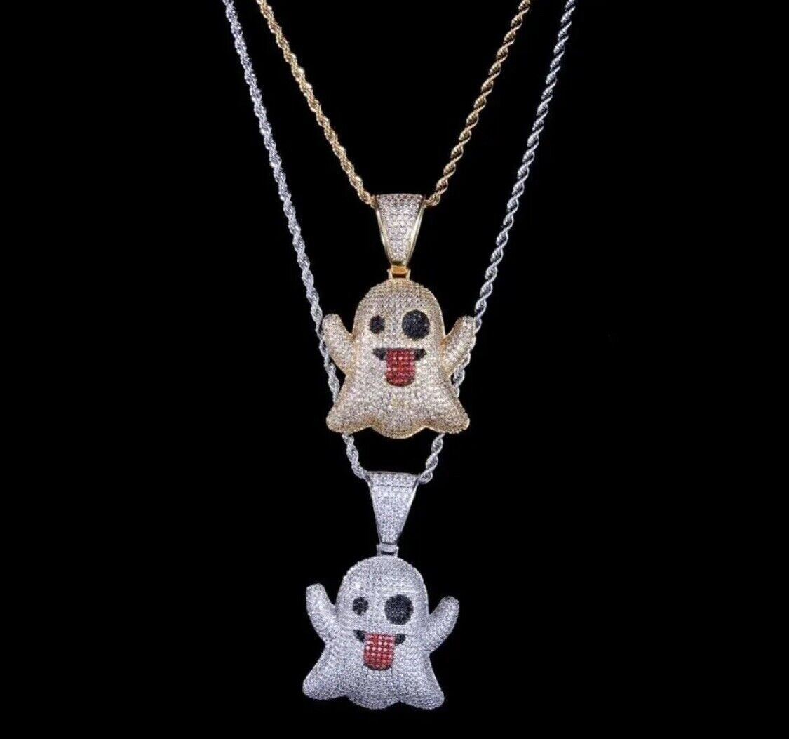 SILVER Necklace Snapchat Emoji Pendant & Chain Iced Out Bling Shine Jewellery