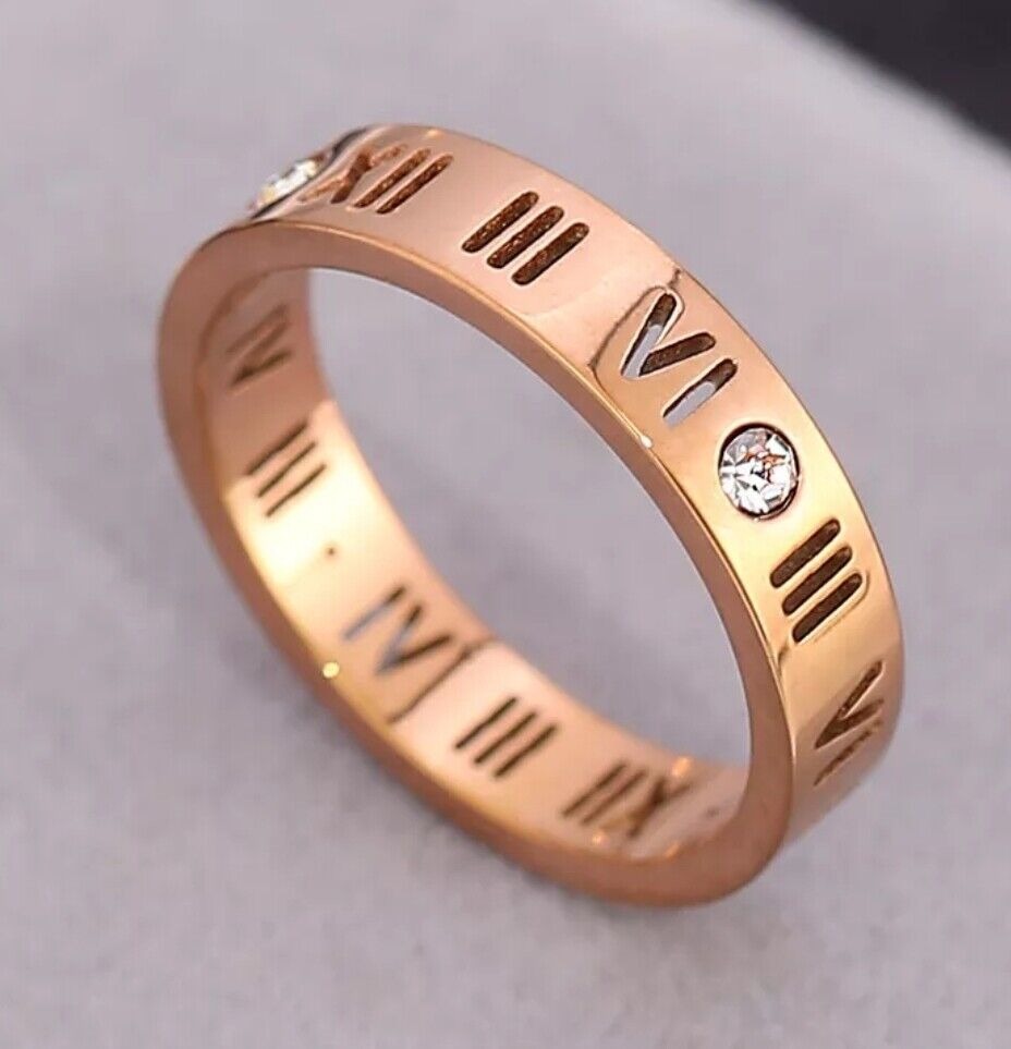 Womens Gold Silver Rhinestone Ring Hollow Roman Numerals Stacking Ring UK