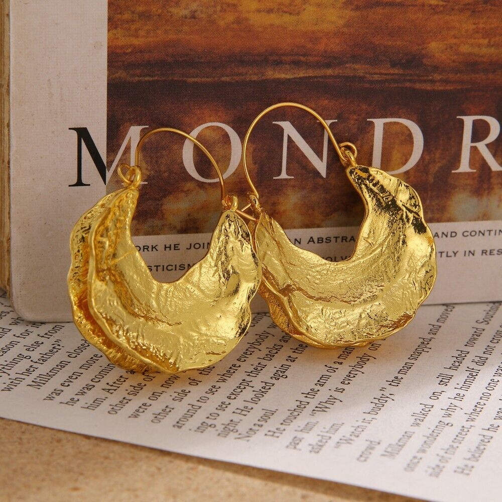 Zara Gold Asymmetrical Half Moon Hammered Textured Half Hoop Hook Earrings