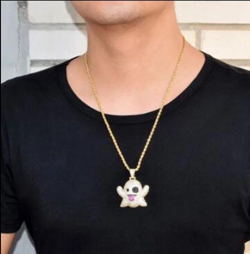 🇬🇧 Ghost Emoji Snapchat CZ  Hip Hop Pendant Chain Necklace Iced Out Jewellery 